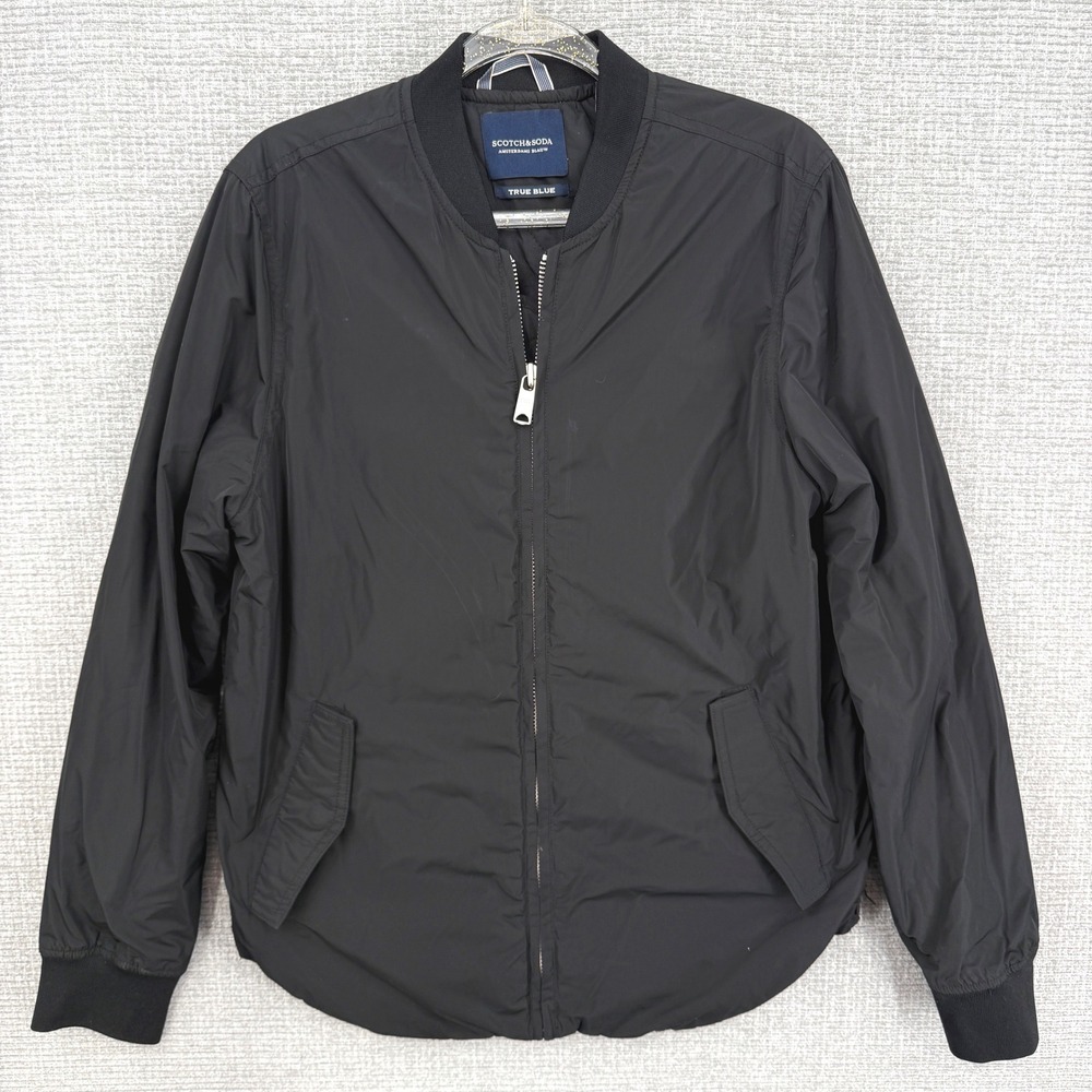 Scotch Soda Mens Black Bomber Jacket True Blue Full Zip Ribbed Collar Cuffs Sz M